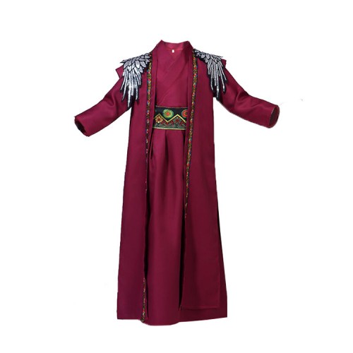 Children Chinese traditional stage performance hanfu wine colored warrior swordsmen knight cosplay photos china school dresses
